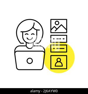Frau, die an einem Laptop arbeitet. SMM Content Manager oder Blogger, der Medieninhalte erstellt. Pixel Perfect, bearbeitbares Kontursymbol Stock Vektor
