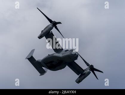 Marine Corps MV-22 OSPREY führt am Freitag, den 29,2022. April, Übungszüge am Strand von Ft Lauderdale am Übungstag in Ft Lauderdale, Florida, durch. Die Fort Lauderdale Air Show wird die US Air Force Thunderbirds, Navy F-35 Lightning, A-10 Thunderbolt, Navy F-18 Rhino und Michael Goulian zeigen und wird am 30. April und 1. Mai 2022 über Ft Lauderdale Beach laufen. Foto von Gary i Rothstein/UPI Stockfoto