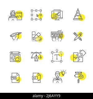 Grafik- und Webdesign-Symbole eingestellt. Pixel Perfect, editierbare Strichführung 64x64 Liniendesigns Stock Vektor