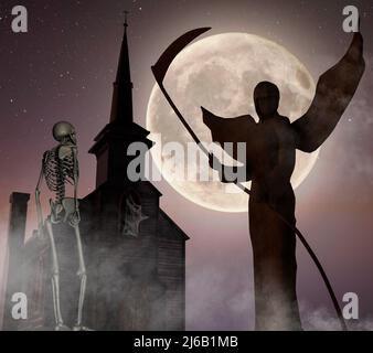 Engel des Todes vor einer Kirche mit Skelett - gruseliger Nachthintergrund mit Mond - 3D Rendering Stockfoto