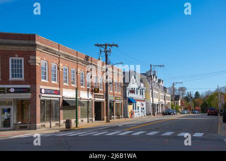 Historische Geschäftsgebäude in der Waltham Street an der Massachusetts Avenue im historischen Stadtzentrum von Lexington, Massachusetts, USA. Stockfoto