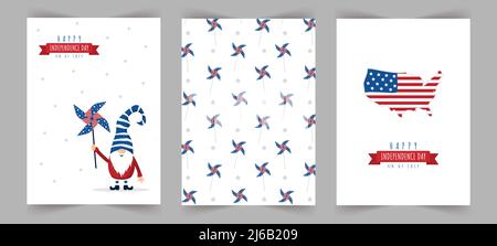 Set von Unabhängigkeitstag Feier Grußkarten. Patriotischer amerikanischer Zwerg. Tag der nationalen Freiheit. Vektorgrafik im Cartoon-Stil. Netter Urlaub Stock Vektor