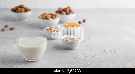 Gemüsemilch in einem Becher auf dem Hintergrund von Schüsseln mit Nüssen, Haferflocken und Hülsenfrüchten. Speicherplatz kopieren. Stockfoto