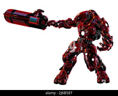 Roboterkrieger mit roter Waffe und Rüstung, 3D Illustration Stockfoto