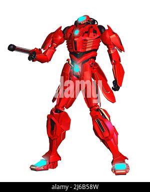 Roboterkrieger mit roter Waffe und Rüstung, 3D Illustration Stockfoto