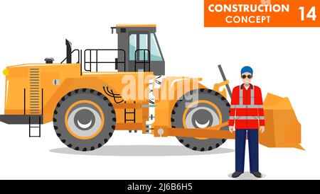 Detaillierte Darstellung von Raddozer und Bergmann, Arbeiter, Baumeister, Fahrer in flachem Stil auf weißem Hintergrund. Schwere Baumaschinen und Maschinen. Stock Vektor