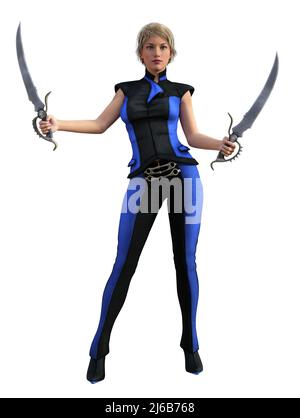 Futuristische Kriegerin mit Schwertern bewaffnet, blaue Uniform, 3D Illustration Stockfoto
