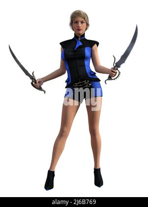 Futuristische Kriegerin mit Schwertern bewaffnet, blaue Uniform, 3D Illustration Stockfoto