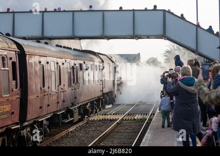 Camborne, Cornwall, Großbritannien, 30.. April 2022, die 84-jährige rote Dampflokomotive Duchess of Sutherland, 6233, machte sich heute früh auf den Weg von Penzance nach London Victoria. Sie hielt heute Morgen um 7,40am Uhr in Camborne an, zur Freude der Bahnbeobachter und Historiker gleichermaßen. Der vor dem Zweiten Weltkrieg gebaute Dampfzug fuhr durch Cornwall, als Teil einer "Tour" von London in alle Ecken des Landes.Quelle: Keith Larby/Alamy Live News Stockfoto