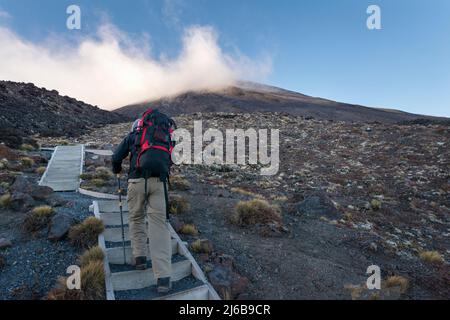 Wandern auf Tongariro Alpine Crossing, Holzboardwalk im Mangatepopo Valley. Stockfoto