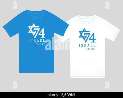 74 Jahre Israel Independence Day T-Shirt Design mit hebräischem Text - Israel. 74. Zahlen mit David-Stern auf blauem und weißem Hemdhintergrund. Vektor Stock Vektor