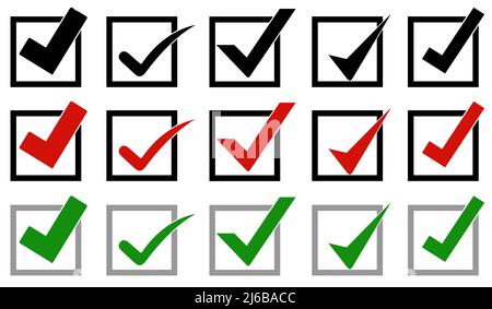 Darstellung verschiedener Kontrollkästchen in Feldern, die auf isoliert sind Weiß Stockfoto