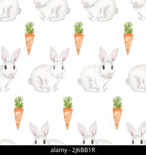 Aquarell ostern weiß Hase und Karotte nahtlose Muster, handgezeichnete niedliche Kaninchen und Garten Gemüse Wiederholpapier, Baby Tier Print, Scrapbook pape Stockfoto