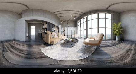 360 Panorama des modernen Innenraums 3 D Rendering Stockfoto