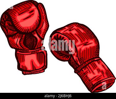 Rote Boxhandschuhe skizzieren auf isoliertem weißem Hintergrund. Vintage Sportausrüstung für Kickboxen in gravierter Optik. Vektor handgezeichnetes Design für poste Stock Vektor