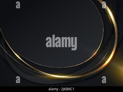 3D modernes Luxus-Template-Design schwarz geschwungene Formen mit goldenen Kurven Linien und Beleuchtung Funkeln auf dunklem Hintergrund. Vektorgrafik Stock Vektor