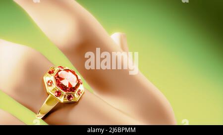 goldener Ring am Finger mit rotem Ruben Edelstein, fiktiv - Objekt 3D Rendering Stockfoto