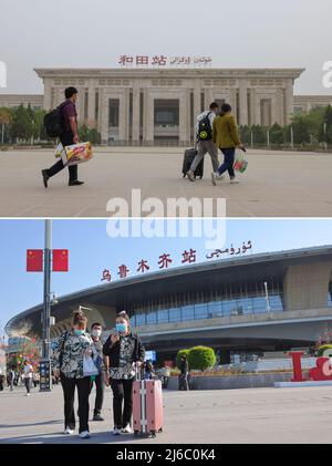 (220430) -- KASHGAR, 30. April 2022 (Xinhua) -- Dieses Combo-Foto zeigt (oben) Passagiere, die zum Bahnhof Hotan in Hotan, der Autonomen Region Xinjiang Uygur im Nordwesten Chinas, gehen, 28. April 2022, und (unten) Passagiere, die aus dem Bahnhof Urumqi in Urumqi, der Autonomen Region Xinjiang Uygur im Nordwesten Chinas, gehen, 29. April 2022, während Hochgeschwindigkeitszüge durch Bahnhöfe in vielen Teilen Chinas heranzoomen, bedienen die scheinbar veralteten, rumpelnden Hochgeschwindigkeitszüge weiterhin Bewohner abgelegener Gebiete mit stabilen Fahrkartenpreisen und Dienstleistungen. Obwohl die Heimat der weltweit am weitesten entwickelten High-Speed Stockfoto