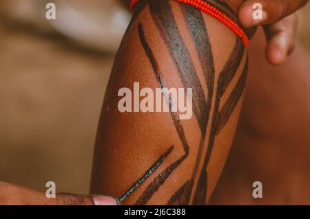 Bemalter Arm oder Bein eines brasilianischen Indianers aus dem indigenen Stamm der Asurini in Brasilien. Stockfoto