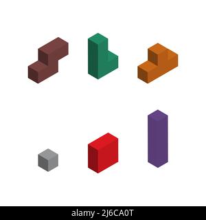 Satz von Farbe Tetris isometrischen Block, Farbe Puzzle-Symbol, Logik Spaß Spiel Vektor Illustration. Stock Vektor