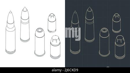 Stilisierte Vektordarstellung isometrischer Zeichnungen von Kugeln verschiedener Geschosse Stock Vektor