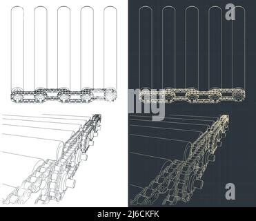 Stilisierte Vektordarstellung von Blaupausen der Kettenübertragung in einem Rollenförderer Stock Vektor