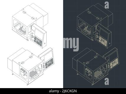 Stilisierte Vektordarstellung isometrischer Entwürfe der CNC-Fräsermaschine auf dem Desktop Stock Vektor
