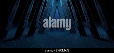 Neonlichter, abstrakter Hintergrund, leuchtende Linien, virtuelle Realität, blauer dreieckiger Bogen, Ultraviolett, Infrarot, Spektrum lebendige Farben, Laser zeigen 3D Stockfoto