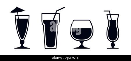 Verschiedene Arten von Longdrink-Cocktails und anderen Gläsern Icon Set Stock Vektor