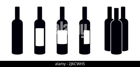 Wein- oder Getränkeflaschen mit unterschiedlichen Etiketten, Vektorgrafik, Symbolsatz Stock Vektor