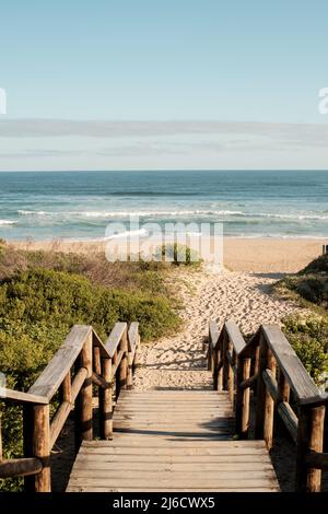 Holztreppe führt zu einem Strand. Stockfoto