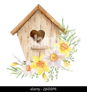 Aquarell-Illustration von Holzvogelhaus und gelben und weißen Narzissen. Handbemalte Illustration mit Frühlingsblumen isoliert auf weißem Hintergrund Stockfoto