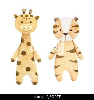 Aquarell Illustration eco Baby Spielzeug. Einrichtung im Kinderzimmer, Giraffe und Tiger. Handgezeichnet isoliert auf weißem Hintergrund. Perfekt für Karte, Einladung, Baby s Stockfoto