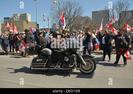 Samstag, 30. April 2022, Ottawa, Kanada. Die „Live from the Shed“, „Freedom Fighters Canada“ und „Veterans for Freedom“ -- „Rolling Thunder Convoy“ -- Memorial Event/ Protest. Veteranen dieser Gruppen hielten leidenschaftliche Reden und legten einen feierlichen Kranz am Fuße des National war Memorial vor einer beträchtlichen Menge nieder, gefolgt von einer wirklich, donnernden Parade von Motorrädern, die auf der Elgin Street südlich des Memorial vorbeifuhren. Viele Mitglieder der Polizeidienststelle der Provinz Ottawa und Ontario standen ebenfalls zur Verfügung, um die öffentliche Sicherheit zu schützen. Stockfoto