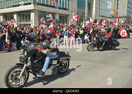 Samstag, 30. April 2022, Ottawa, Kanada. Die „Live from the Shed“, „Freedom Fighters Canada“ und „Veterans for Freedom“ -- „Rolling Thunder Convoy“ -- Memorial Event/ Protest. Veteranen dieser Gruppen hielten leidenschaftliche Reden und legten einen feierlichen Kranz am Fuße des National war Memorial vor einer beträchtlichen Menge nieder, gefolgt von einer wirklich, donnernden Parade von Motorrädern, die auf der Elgin Street südlich des Memorial vorbeifuhren. Viele Mitglieder der Polizeidienststelle der Provinz Ottawa und Ontario standen ebenfalls zur Verfügung, um die öffentliche Sicherheit zu schützen. Stockfoto