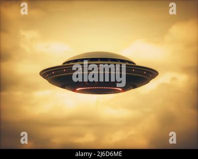 Nicht identifiziertes fliegendes Objekt, UFO. Alien-Raumschiff, das am Himmel mit der Sonne im Hintergrund gravitiert. 3D Illustration, Ufologiekonzept. Stockfoto