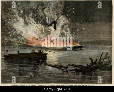 Tennessee - Burning of the Steamer 'Golden City' in Memphis, März 30 - das Schiff fährt den Fluss hinunter. 1882 Abbildung Stockfoto