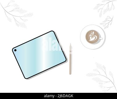 Tablet-Computer mit einer Tasse Kaffee. Das Tablet zum Arbeiten, Zeichnen, Entwerfen, Modellieren zu jeder Zeit und an jedem Ort ist bequem und komfortabel. Stock Vektor