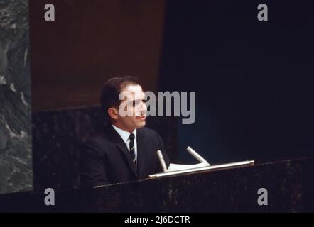 König Hussein von Jordanien vor den Vereinten Nationen, New York City, New York, USA, Bernard Gotfryd, September 1965 Stockfoto