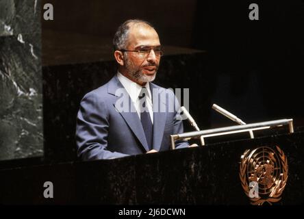 König Hussein von Jordanien vor den Vereinten Nationen, New York City, New York, USA, Bernard Gotfryd, September 1979 Stockfoto