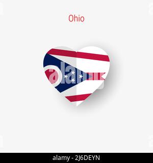 Ohio US State herzförmige Flagge. Origami Papier geschnitten gefaltetes Banner. 3D Vektorgrafik isoliert auf Weiß mit weichem Schatten. Stock Vektor