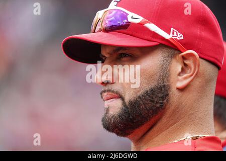 St. Louis Cardinals Albert Pujols beobachtet die Aktion im sechsten Inning gegen die Arizona Diamondbacks im Busch Stadium in St. Louis am Samstag, den 30. April 2022. Foto von Bill Greenblatt/UPI Stockfoto