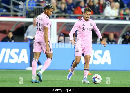 Foxborough, MA, USA. 30. April 2022; Foxborough, MA, USA; Inter Miami Mittelfeldspieler Jean Mota (7) in Aktion während eines MLS-Spiels zwischen Inter Miami FC und New England Revolution im Gillette Stadium. Anthony Nesmith/CSM Credit: CAL Sport Media/Alamy Live News Stockfoto