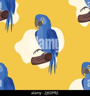 Nahtloses Muster mit niedlichen Cartoon Papagei Vogel auf Ast. Vektor-Illustration für Tapete, Stoff, Textil. Sommerlicher exotischer Druck. Tropischer Papagei Stock Vektor