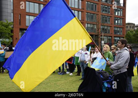 Manchester, Großbritannien, 30.. April 2022. Protest gegen die russische Invasion der Ukraine in Piccadilly Gardens, im Zentrum von Manchester, England, Großbritannien und den Britischen Inseln. Ein Mann hält eine große ukrainische Flagge. Es wurde vom Ukrainischen Kulturzentrum „Dnipro“ Manchester organisiert. Seit Beginn der Invasion Russlands wurden mehr als 500 Kinder getötet oder verletzt. Quelle: Terry Waller/Alamy Live News Stockfoto