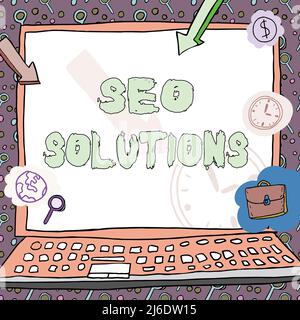 Schreiben mit Text Seo Solutions. Wort geschrieben auf Suchmaschine Ergebnis Seite erhöhen Besucher durch Rankings Poster mit monetären Symbolen dekoriert Stockfoto