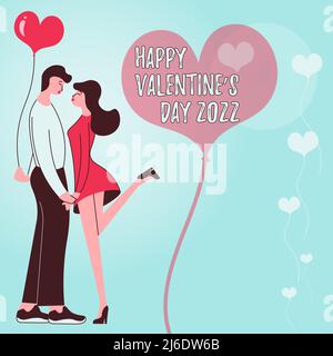 Konzeptionelle Bildunterschrift GLÜCKLICH VALENTINSTAG 2022. Wort für Weiß und Rosa Valentinstag dekoratives Band Tag der Liebhaber Paar hält Hände darstellen Stockfoto