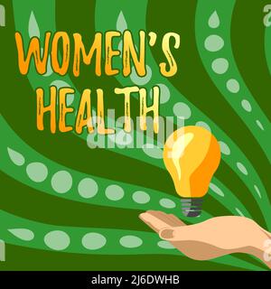 Textunterschrift: Frauen ist Gesundheit. „Women s“ steht für „Health Lady Hands Holding Lamp“ mit formellem Outfit und präsentiert neue Ideen für Stockfoto