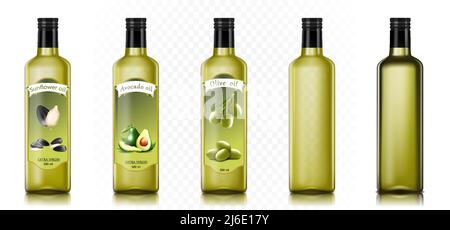 Glasflaschenmockup mit Oliven-, Sonnenblumen- und Avocado-Ölen. Glas mit extra nativem Öl. Lebensmittel Kochen Produkt, Bio-vegetarische Ernährung. Pflanzenöl Marke Glas wi Stock Vektor