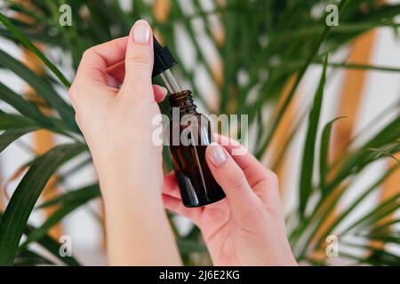 Weibliche Hände öffnen die Serumglasflasche vor tropischen Blättern im Innenbereich. Beauty-Routine für Zuhause. Hautpflegekonzept. Stockfoto